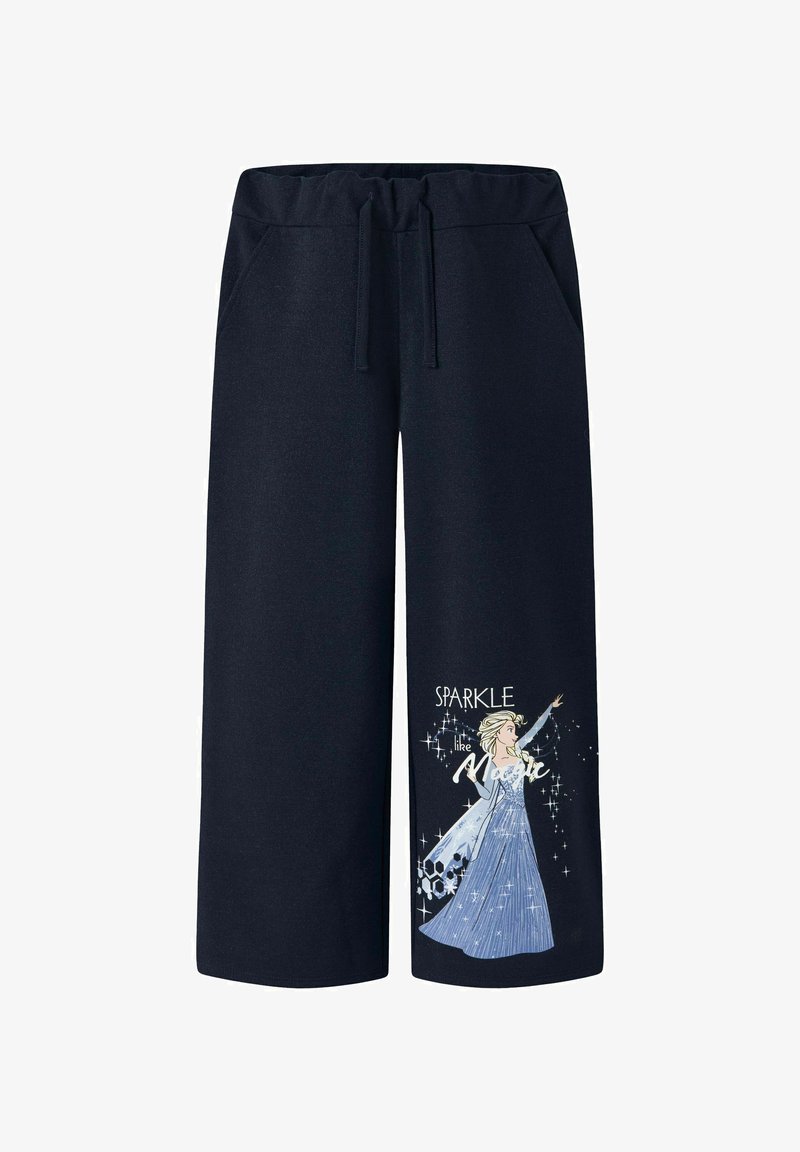 Pantalon large bleu marine avec taille à cordon et graphique sur le bas de la jambe représentant une femme en robe bleue étincelante accompagnée du texte « Étincelle comme par magie. »