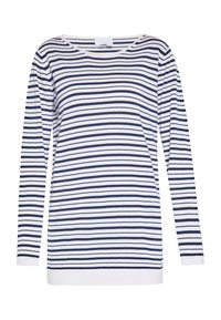 Top a maniche lunghe a righe in blu navy e bianco, con scollatura rotonda e polsini a costine. Tessuto morbido con righe orizzontali regolari.