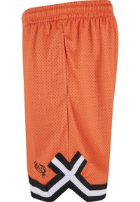 Orange atletikshorts lavet af mesh-stof, med en sort og hvid stribet detalje ved kanten. Elastisk talje for en sikker pasform.