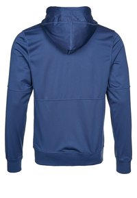 Navy blue hooded sweatshirt made of smooth, stretchy fabric, featuring a fitted waist and cuffs, with a subtle logo on the back.