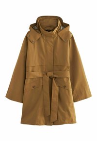 Manteau imperméable marron avec un col montant, des manches longues, une taille à nouer, deux poches avant et des accents à boutons-pression. Présente un doublure intérieure à rayures.
