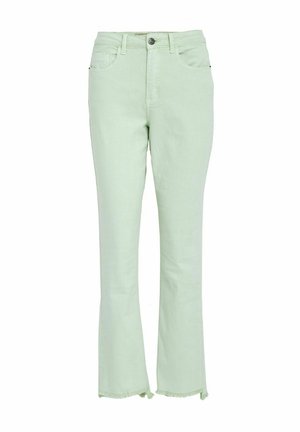 Svijetlozelene flare traperice od denima, s kopčanjem na gumbe, dva prednja džepa i stršnim rubovima na dnu.