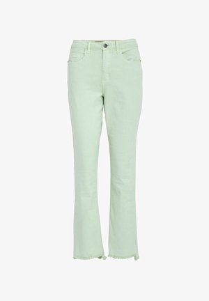 Svijetlozelene flare traperice od denima, s kopčanjem na gumbe, dva prednja džepa i stršnim rubovima na dnu.