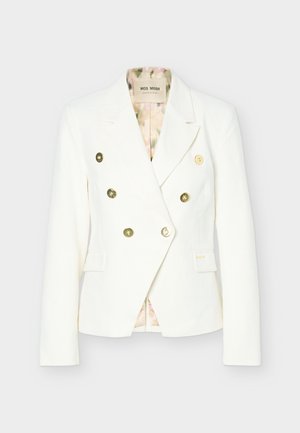 Blazer blanc croisé à boutons dorés, revers crantés, deux poches avant à rabat et doublure intérieure à motif floral.