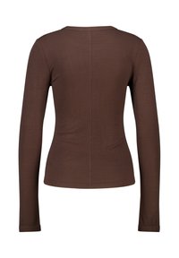 Long-sleeve brown top with a ribbed texture, round neckline, and fitted silhouette. Features plain design with no visible patterns or accents.