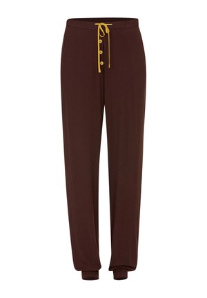 Pantaloni marroni con vita elastica, cordoncino giallo e dettagli in bottone. Caviglie affusolate e tessuto morbido per il comfort. Nessun motivo o trama visibile.