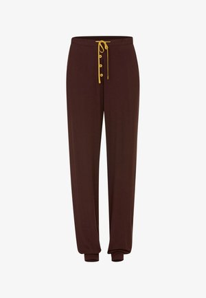 Bruine elastische broek met gele koord en knoopaccenten. Tapered enkels en zachte stof voor comfort. Geen patronen of texturen zichtbaar.