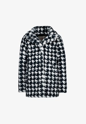 Faux fur frakke med et sort-hvidt houndstooth-mønster, med hætte og knaplukning. Blød tekstur og mellemlang design.