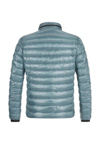 Leichte Steppjacke in einem blassen Blauton, mit einem gesteppten Design, hohem Kragen und elastischen Bündchen für eine enge Passform.
