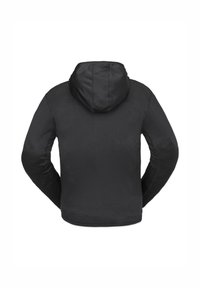Schwarze Kapuzenjacke aus strukturiertem Stoff, mit langen Ärmeln und geradem Saum. Der Rücken zeigt ein minimalistisches Design ohne Verzierungen.