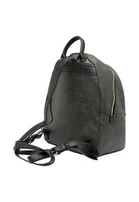 Zaino nero con superficie testurizzata e cerniera dorata, caratterizzato da una forma rotonda, doppie cinghie e un motivo in rilievo di vari cerchi.