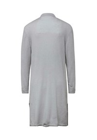 Grijze, langermige trui jurk met een ronde halslijn, met zijsplitsen en een zachte, geweven stof. Geen zichtbare patronen of accenten.