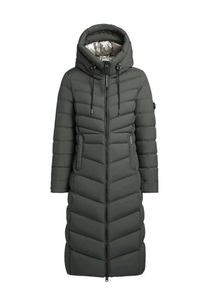 Lange, donkergroene pufferjas met een capuchon. Heeft een chevron-quilting, een volledige ritssluiting aan de voorkant en trekkoordjes op de capuchon voor een verstelbare pasvorm.