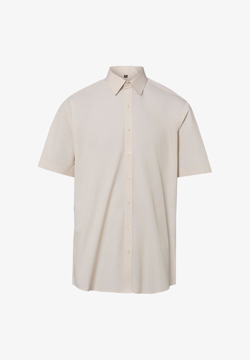 Chemise beige à manches courtes avec boutons, col pointu et ourlet droit, présentée sur fond blanc.