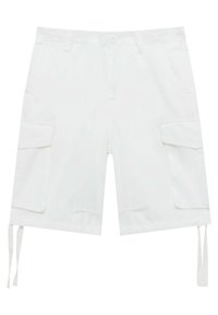 Pantaloni cargo bianchi realizzati in cotone, con due tasche laterali, vestibilità comoda, lacci regolabili all'orlo e chiusura con bottone.