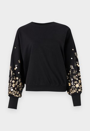 Schwarzer Sweatshirt mit langen, gepufften Ärmeln und goldenen Blumenstickereien. Ribbenbündchen und Saum. Weicher Stoff mit lockerer Passform.