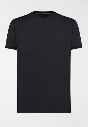 T-shirt noir uni à manches courtes avec col rond côtelé et bordures de manches, présenté sur fond blanc.