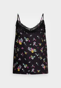 Czarna kamizelka w kwiaty z cienkimi ramiączkami, z kolorowymi wzorami kwiatowymi i delikatną koronką wzdłuż dekoltu. Miękka tekstura materiału.