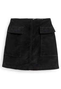 Mustat mini-hameet, jotka on valmistettu pehmeästä kankaasta, joissa on kaksi etupaneelin taskua, vetoketju ja siisti helma. Rakenne lisää syvyyttä.