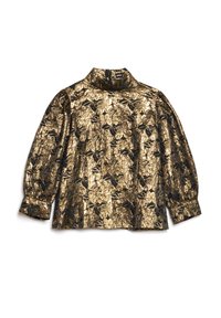 Gold and black puff-sleeve top featuring a floral pattern, high collar, and textured fabric. Structured design with a relaxed fit.