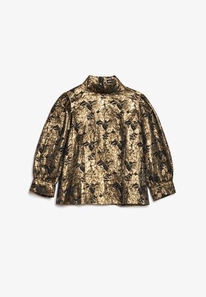 Kuldne ja must varrukatega pluus lilledemustriga, kõrge krae ja tekstuurse kangaga. Struktureeritud disain, lõdvestunud lõikega.