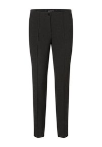 Pantaloni neri su misura realizzati in tessuto morbido, con chiusura a bottone, pieghe frontali e design a gamba dritta. Adatti per abbigliamento formale.