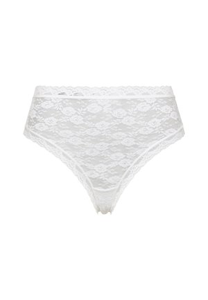 Weiße Spitzen-Bikini-Unterwäsche mit floralen Mustern, einem durchsichtigen Textur und gewellten Kanten entlang des Bunds und der Beinausschnitte.