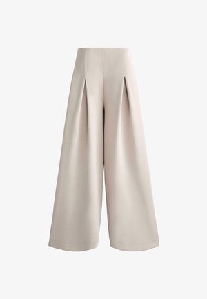 Beige vidde bukser med høj talje, læg foran og et glat, tekstureret stof med en ren, skræddersyet finish.