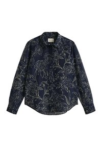 Marineblaues langärmliges Hemd mit einem floralem Muster in cremeweiß, mit durchgehender Knopfleiste und klassischem Kragen.