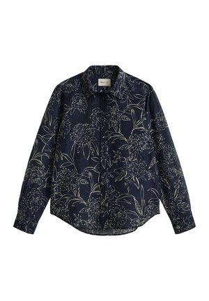 Navy blue long-sleeve shirt with a floral pattern in off-white, featuring a button-up front and a classic collar design.