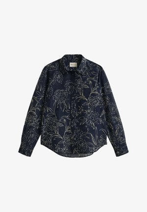 Navy blue long-sleeve shirt with a floral pattern in off-white, featuring a button-up front and a classic collar design.