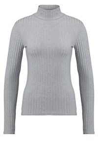 Light gray ribbed turtleneck sweater with long sleeves, soft texture, slim fit, and high collar, showcasing a vertical stripe pattern.