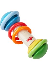 Wooden rattle, featuring blue, red, orange, yellow, and green rings. Smooth surface with a cylindrical shape; branded "HABA."