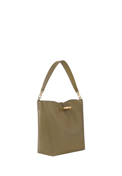 Olive green tote bag made of smooth material, featuring a structured shape, a top drawstring closure, gold hardware accents, and a single strap.
