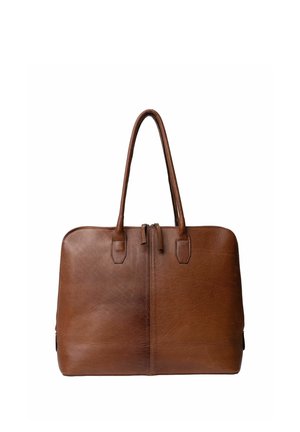 Brown leather handbag with double handles and a zipper closure at the top, shown against a white background.