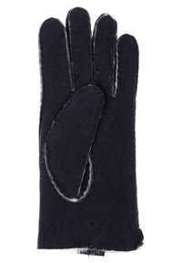 Black wool winter glove with visible stitching and a soft texture, shown flat with fingers together against a white background.