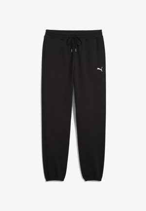 Black sweatpants with elastic waistband, adjustable drawstring, side pockets, and a white logo accent on the left thigh.