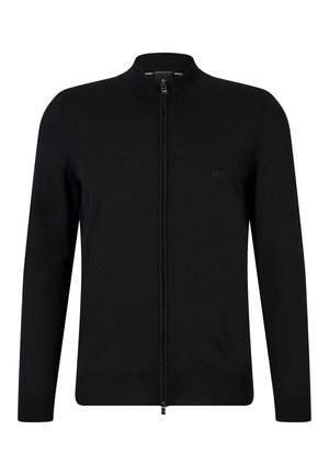 Black zip-up cardigan made of smooth knit material, featuring a high collar, long sleeves, and a subtle logo detail on the chest.