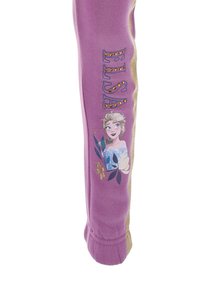 Lila Leggings mit einem goldenen Seitenstreifen, die einen Charakterdruck und den Namen "Elsa" in blauen Umrissbuchstaben mit Strasssteinen zeigen.