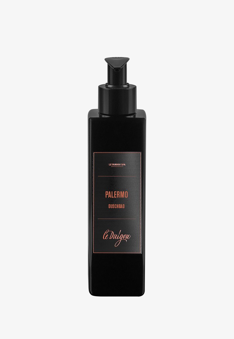 Schwarze rechteckige Flasche mit Pumpspender, beschriftet mit "Palermo Duschbad" in Gold- und Weißtönen, mit glatter Textur und minimalistischem Design.