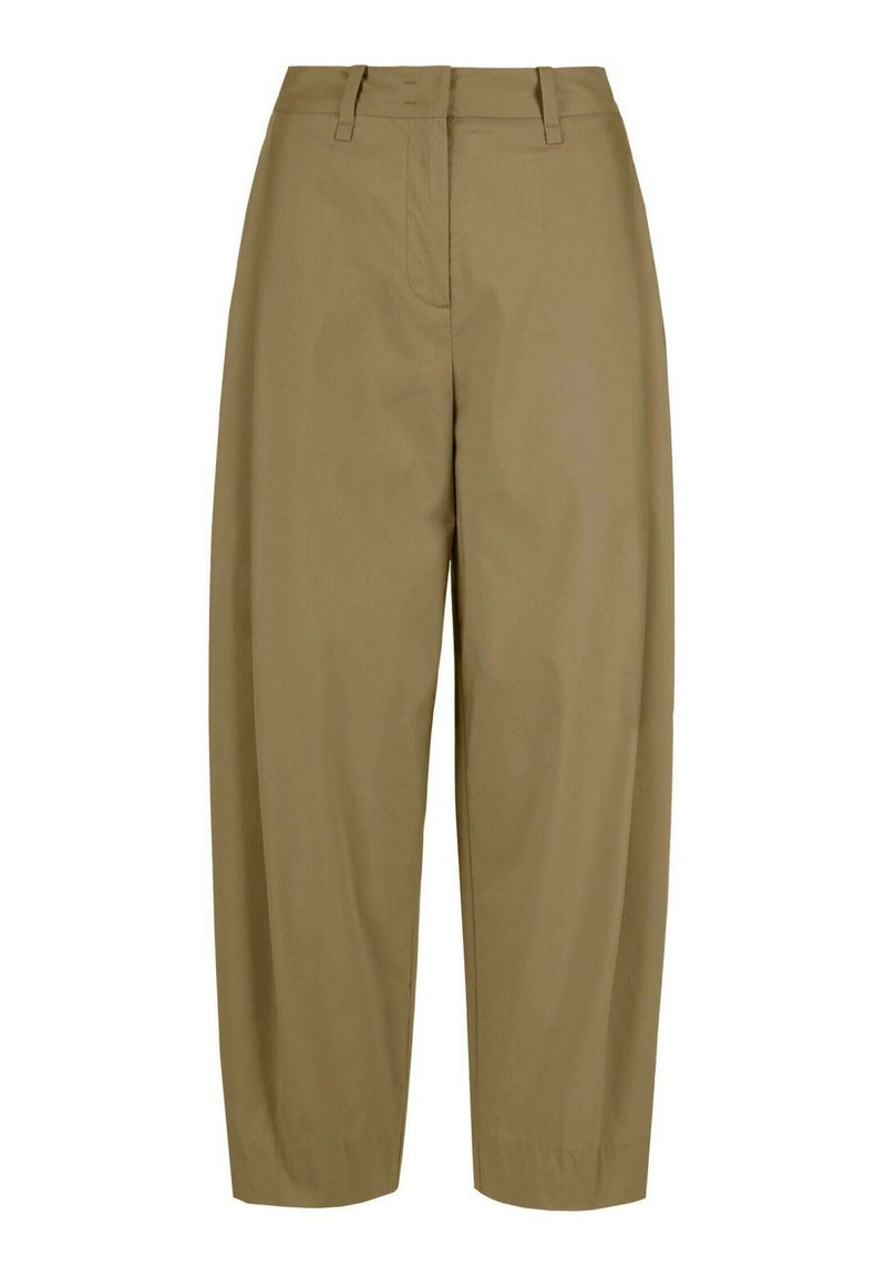Pantaloni color khaki con vita alta, gamba larga e texture liscia. Presentano una zip frontale e passanti per cinturino. Nessun motivo o dettaglio visibile.