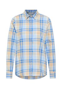 Langarm-Hemden mit beige, hellblauem und navy-karierter Musterung sowie spitzen Kragen, vor einem weißen Hintergrund präsentiert.