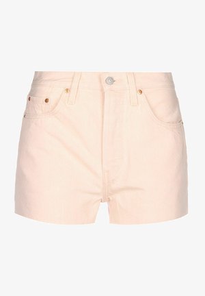 Jasnoróżowe szorty dżinsowe z wysokim stanem, przednimi kieszeniami i złotymi akcentami. Posiadają klasyczne zapięcie na guzik oraz dopasowany krój.