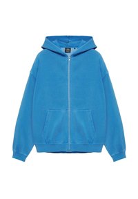 Sweat à capuche bleu zippé avec poche kangourou à l'avant, manches longues et capuche attachée, présenté sur un fond blanc.