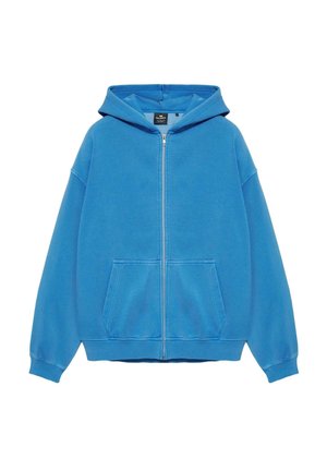 Sweat à capuche bleu zippé avec poche kangourou à l'avant, manches longues et capuche attachée, présenté sur un fond blanc.