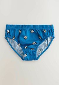 Mutande blu per bambini con fascia elastica in vita e un motivo di palloni da calcio bianchi e neri sul tessuto esterno.