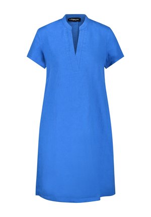 Vestido corto de manga corta en azul brillante con escote en V y cuello mao, hecho de tela ligera, a la altura de la rodilla y de ajuste holgado.