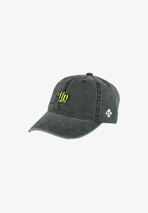Dunkelgraue Baseballkappe mit einer aufgestickten gelben und schwarzen Biene vorne und einem kleinen weißen Logo an der Seite.