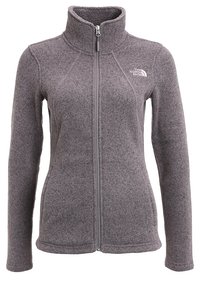 Chaqueta de forro polar gris para mujer con cremallera y cuello alto, y el logo de The North Face en el lado izquierdo del pecho.