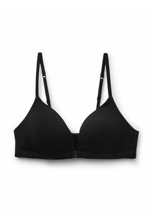Zwarte draadloze beha met gevormde cups, verstelbare schouderbanden en vooraan haaksluiting op een witte achtergrond.